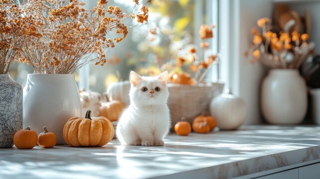 Cute white kitten among autumn decor on kitchen counter cozy atmosphere inspirational pet photography