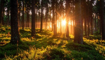 Obraz premium Sun shining through trees in a lush green forest landscape