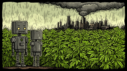 Two robots stand in a lush cannabis field, observing a distant polluted city skyline under dark clouds and acid rain.