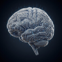 A detailed 3D rendering of a human brain with integrated circuit patterns and glowing blue data points, symbolizing artificial intelligence and advanced technology.