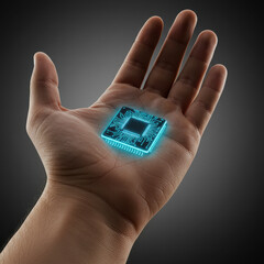 A hand holding a glowing blue microchip, representing technology and innovation.