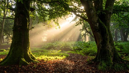 Naklejka premium Sunlight filters through forest canopy, illuminating a woodland path