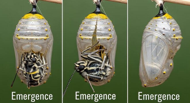 A sequence of a monarch butterfly emerging from its chrysalis against a green background