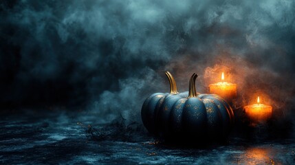 Naklejka premium Halloween pumpkin and candles dimly lit setting atmospheric photography mysterious vibe close-up view spooky theme