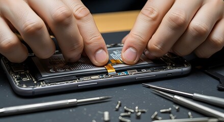 Close-up of technician's hands carefully repairing a smartphone, showing internal components, tools, and tiny screws on a dark workbench, highlight...