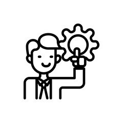 Obraz premium Simple Black Outline Icon of a Person Holding a Lightbulb Gear Idea Symbol on Transparent Background