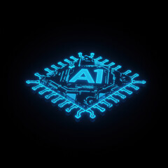 Glowing blue AI chip on a black background.