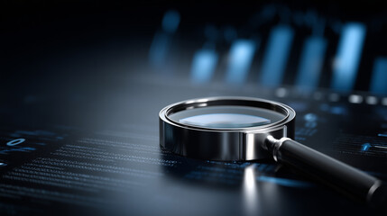 Magnifying glass over digital data representing stock market analysis