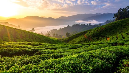 Fototapeta premium Rolling green hills with tea plants under a warm sunrise, misty valleys