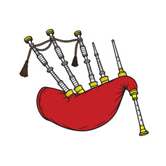 Vector illustration of a traditional red bagpipe, detailed with pipes and tartan pattern, symbolizing Scottish culture, heritage, and classic musical craftsmanship.