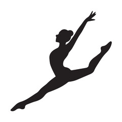 Vector silhouette of a jumping female gymnast, black and white contrast highlighting dynamic motion, athletic strength, and the elegance of professional sports.