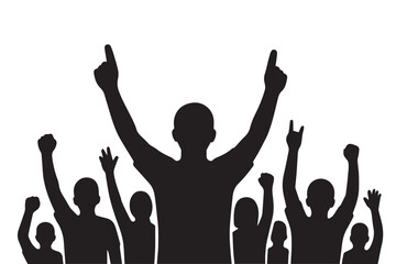 Vector silhouette of a concert crowd in black and white, people raising hands joyfully, capturing excitement, energy, and rhythm of live music.