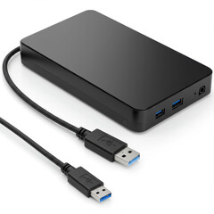 A black external USB 3.0 docking station or hard drive enclosure with its connecting cable, isolated on a clean white background.