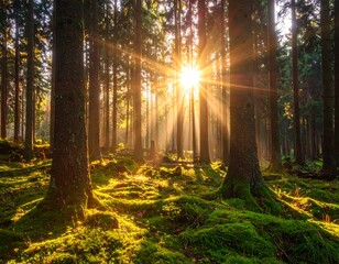 Fototapeta premium Sunlight streams through a forest canopy, illuminating mossy ground