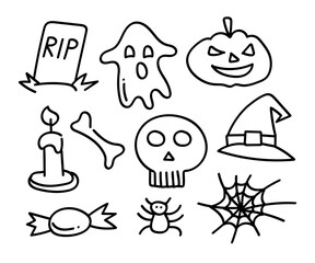 Doodle Halloween Icons Collection: Hand Drawn Gravestone, Ghost, and Skull Outline Set