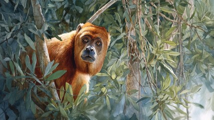 Obraz premium Captivating Expression of a Monkey Amid Lush Green Foliage in a Serene Natural Setting with Gentle Sunlight Filtering Through Leaves