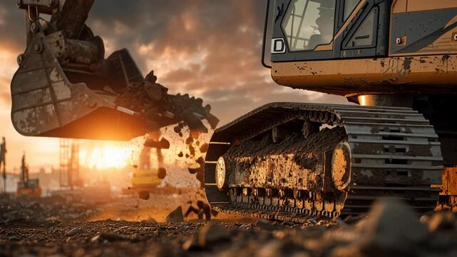 4k video of a working excavator. Concept of heavy machinery and industry.