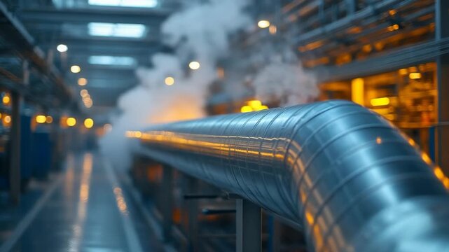 Industrial factory piping interior with large metallic ventilation ducts at dusk