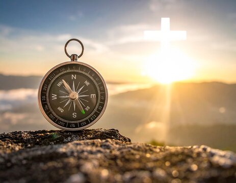 Guiding Light: A compass rests atop a rugged terrain, set against a backdrop of a luminous sunrise and a radiant cross, symbolizing direction, faith, and the promise of a new dawn.