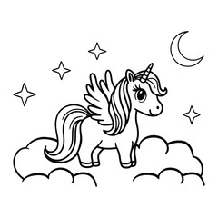 Whimsical outline drawing of a cute winged unicorn standing on fluffy clouds under a crescent moon and starry night sky