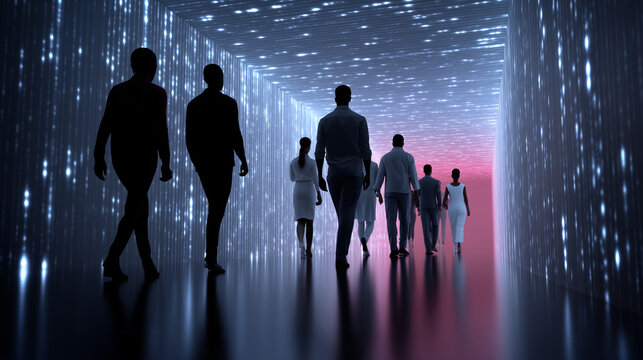 Silhouettes of people walking in digital tunnel with binary code