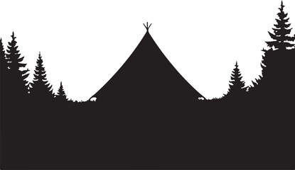 Black silhouette of a teepee surrounded by pine trees