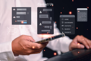 User interacts with an AI chatbot on a smartphone for customer support. The 'Contact Us' virtual interface shows a live chat and website menu, representing automated online communication.