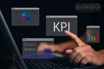 Analyst uses a virtual dashboard to track Key Performance Indicators (KPI). The interface shows data analytics with charts and graphs for business performance and strategy evaluation.