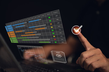 Project manager approving a completed task on a virtual project management dashboard. The interface shows a Gantt chart for tracking progress, scheduling, and project timelines with status updates.
