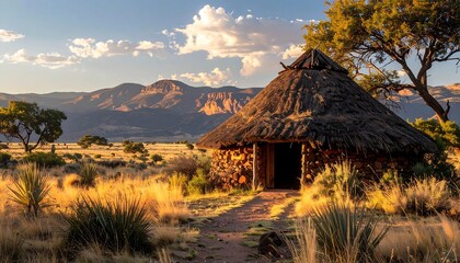 Traditional dwelling in golden hour, set amidst rolling hills