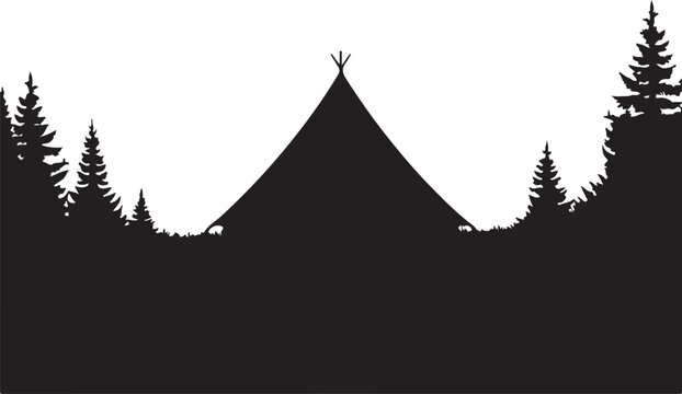 Black silhouette of a teepee surrounded by pine trees