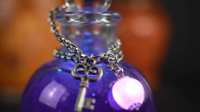 Mystical blue potion bottle with glowing charm and silver key on dark background
