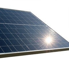 A close-up of a photovoltaic solar panel with the sun's reflection creating a bright starburst effect on a white background.