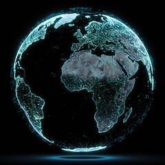 A glowing digital representation of Earth at night, showcasing illuminated continents and a network of data points.
