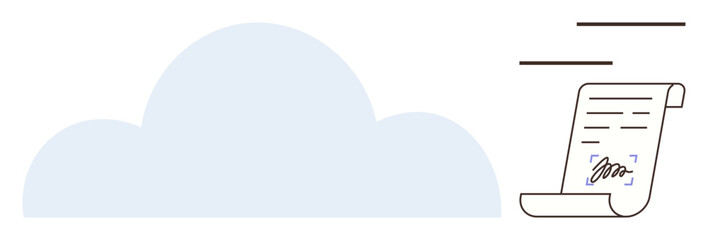 Cloud and document scroll with handwritten signature emphasize digital contracts, cloud storage, paperwork management, and efficiency. Ideal for business, technology, communication, organization