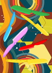 Retro 70s Background with Kitchen Knife. Groovy sharp 1970s art template. Minimalistic Vintage design poster. Old-fashioned color artwork.