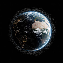 Detailed view of Earth from space with a global satellite network orbiting the planet.
