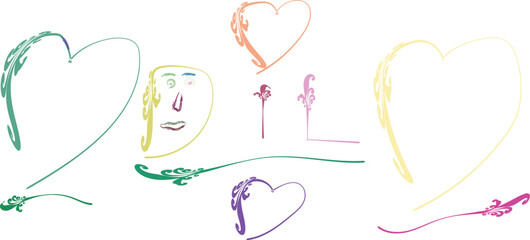 Colorful hearts and face illustration whimsical line art perfect for Valentines Day cards