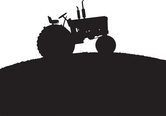 Black silhouette of a vintage tractor on a hill white