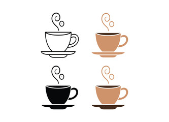 Obraz premium Four Coffee Cup Icons in Different Styles Representing Hot Beverage Enjoyment and Morning Refreshment with Steaming Design