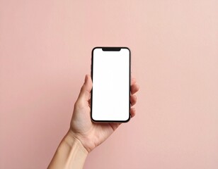 Hand holding a modern smartphone with a blank screen on a plain pastel background