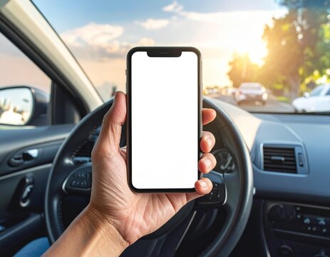 Hand holding a blank screen smartphone in a car during a sunny day with blurred traffic in the background