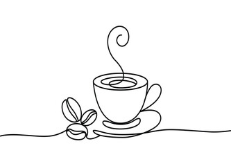 Minimalist Coffee Cup Illustration with Coffee Beans and Steam Line Art for Cafe and Restaurant Designs