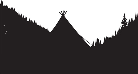Black silhouette of teepee and pine trees on white background