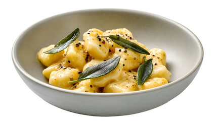 A light grey bowl holds soft, pale yellow gnocchi in a buttery sauce, garnished with fresh sage leaves and cracked black pepper. on transparent background