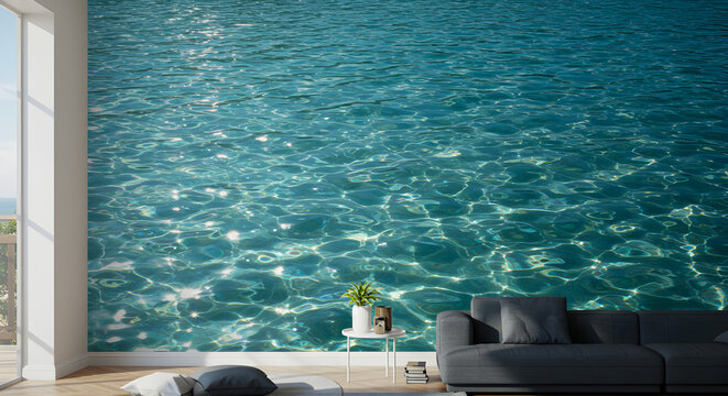 Crystal-clear swimming pool water casting reflections on a glass wall near the ocean. Serene atmosphere evoking peace, clarity, and luxury resort design.