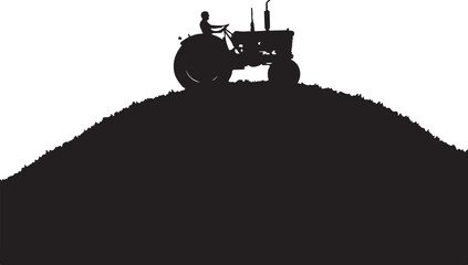Silhouette of farmer driving tractor on a mound vector