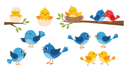 Fototapeta premium A collection of cute cartoon birds in various poses and settings.