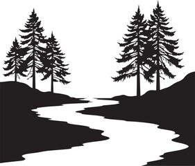 Black and white silhouette of pine trees and a winding river