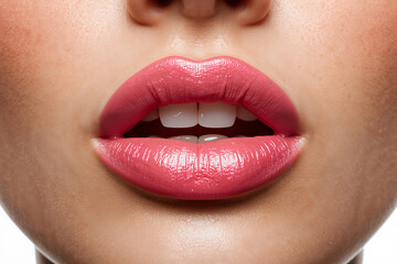 Obraz premium Close-up of glossy pink lips with natural skin texture, beauty and cosmetics concept showcasing lip gloss, lipstick makeup, skincare, and sensual feminine style